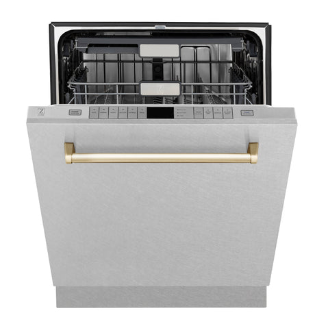 ZLINE Autograph Edition 24" Monument Series 3rd Rack Top Touch Control Tall Tub Dishwasher in Fingerprint Resistant Stainless Steel with Polished Gold Handle, 45dBa (DWMTZ-SN-24-G)