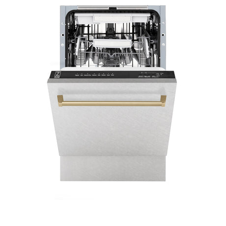 ZLINE Autograph Edition 18” Tallac Series 3rd Rack Top Control Built-In Dishwasher in Fingerprint Resistant Stainless Steel with Champagne Bronze Handle, 51dBa (DWVZ-SN-18-CB)