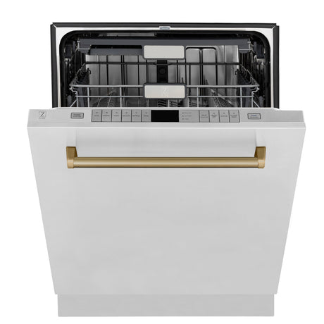ZLINE Autograph Edition 24" Monument Series 3rd Rack Top Touch Control Tall Tub Dishwasher in Stainless Steel with Champagne Bronze Handle, 45dBa (DWMTZ-304-24-CB)