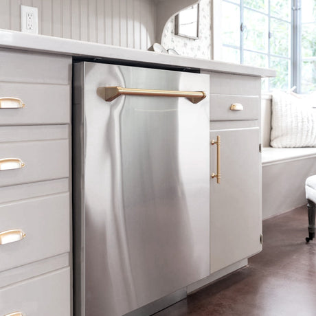ZLINE Autograph Edition 24" Monument Series 3rd Rack Top Touch Control Tall Tub Dishwasher in Stainless Steel with Champagne Bronze Handle, 45dBa (DWMTZ-304-24-CB)