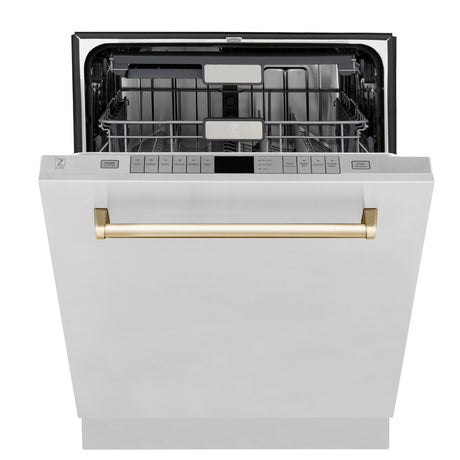 ZLINE Autograph Edition 24" Monument Series 3rd Rack Top Touch Control Tall Tub Dishwasher in Stainless Steel with Polished Gold Handle, 45dBa (DWMTZ-304-24-G)