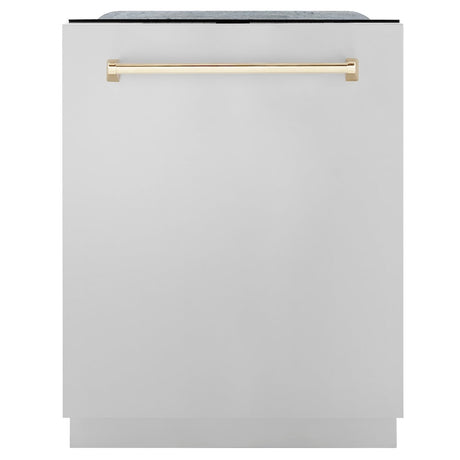 ZLINE Autograph Edition 24" Monument Series 3rd Rack Top Touch Control Tall Tub Dishwasher in Stainless Steel with Polished Gold Handle, 45dBa (DWMTZ-304-24-G)