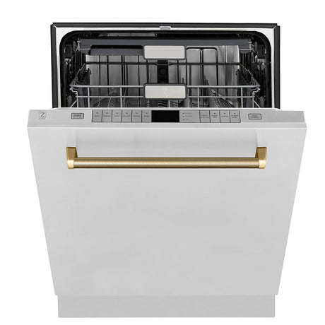 ZLINE Autograph Edition 24 in. Monument Series 3rd Rack Top Touch Control Tall Tub Dishwasher in Stainless Steel with Polished Gold Helix Handle, 45dBa (DWMTZ-30424-KG)