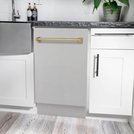 ZLINE Autograph Edition 18” Tallac Series 3rd Rack Top Control Built-In Dishwasher in Stainless Steel with Champagne Bronze Handle, 51dBa (DWVZ-304-18-CB)