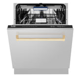 ZLINE Autograph Edition 24" Tallac Series 3rd Rack Top Control Built-In Tall Tub Dishwasher in Stainless Steel with Polished Gold Handle, 51dBa (DWVZ-304-24-G)