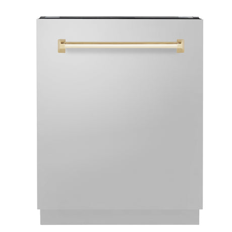 ZLINE Autograph Edition 24" Tallac Series 3rd Rack Top Control Built-In Tall Tub Dishwasher in Stainless Steel with Polished Gold Handle, 51dBa (DWVZ-304-24-G)