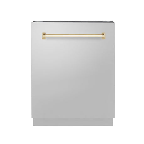 ZLINE Autograph Edition 24" Tallac Series 3rd Rack Top Control Built-In Tall Tub Dishwasher in Stainless Steel with Polished Gold Handle, 51dBa (DWVZ-304-24-G)