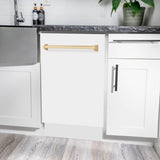 ZLINE Autograph Edition 18” Tallac Series 3rd Rack Top Control Built-In Dishwasher in White Matte with Polished Gold Handle, 51dBa (DWVZ-WM-18-G)