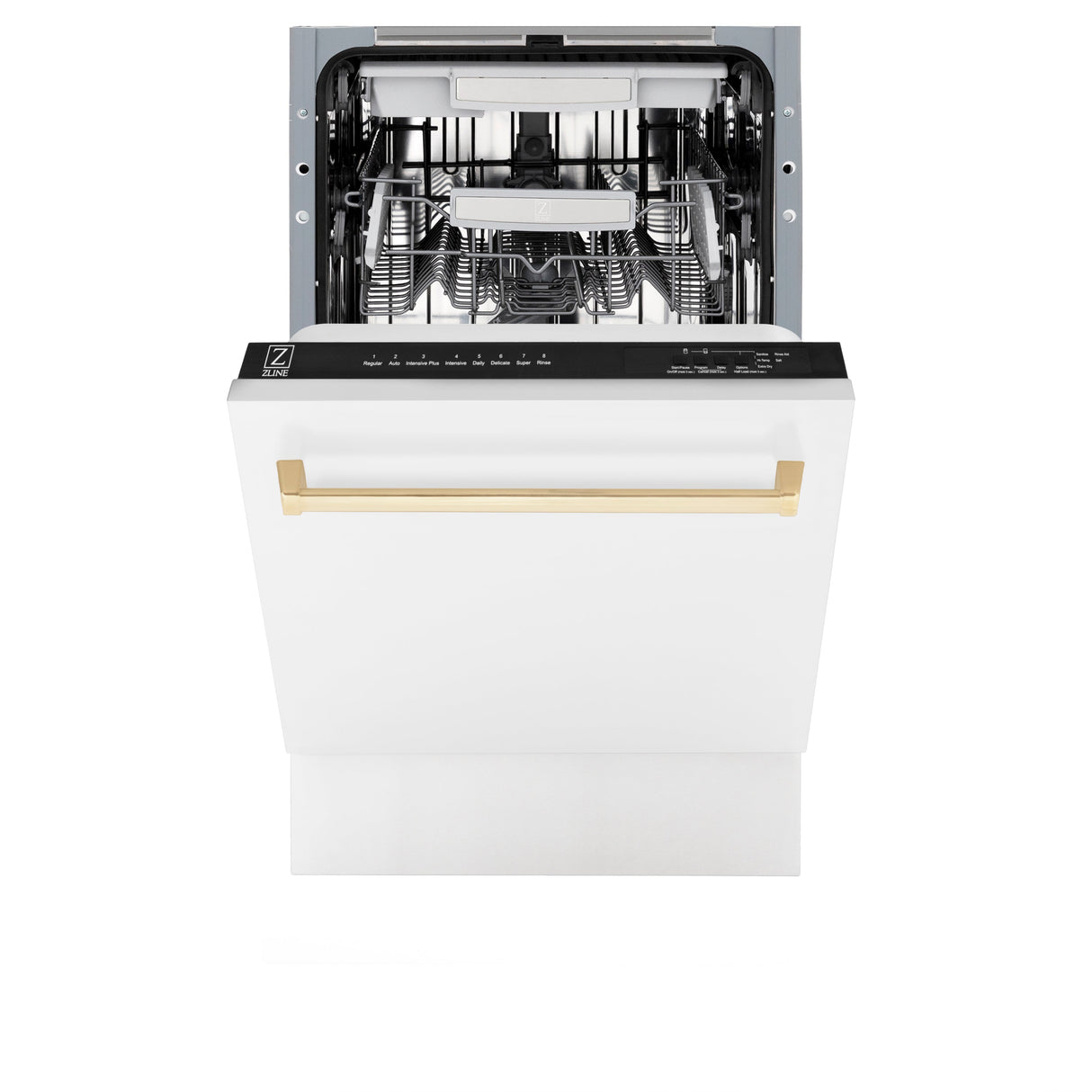 ZLINE Autograph Edition 18” Tallac Series 3rd Rack Top Control Built-In Dishwasher in White Matte with Polished Gold Handle, 51dBa (DWVZ-WM-18-G)