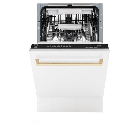 ZLINE Autograph Edition 18” Tallac Series 3rd Rack Top Control Built-In Dishwasher in White Matte with Polished Gold Handle, 51dBa (DWVZ-WM-18-G)