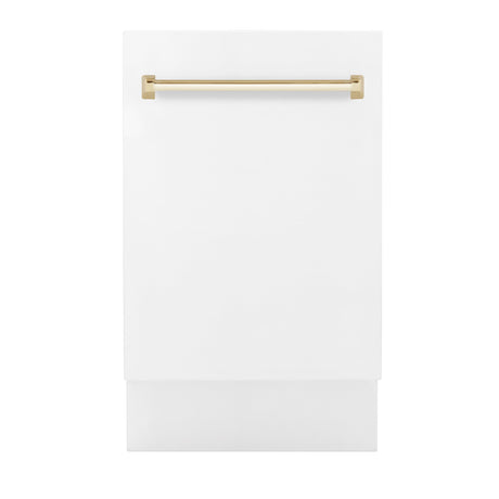 ZLINE Autograph Edition 18” Tallac Series 3rd Rack Top Control Built-In Dishwasher in White Matte with Polished Gold Handle, 51dBa (DWVZ-WM-18-G)