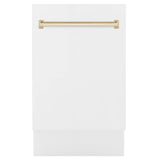 ZLINE Autograph Edition 18” Tallac Series 3rd Rack Top Control Built-In Dishwasher in White Matte with Polished Gold Handle, 51dBa (DWVZ-WM-18-G)