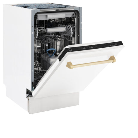 ZLINE Autograph Edition 18” Tallac Series 3rd Rack Top Control Built-In Dishwasher in White Matte with Polished Gold Handle, 51dBa (DWVZ-WM-18-G)