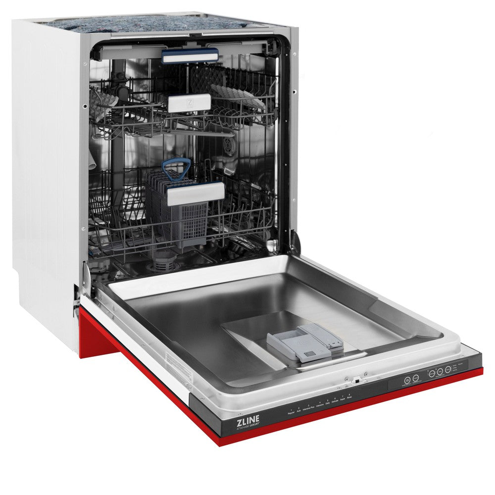 ZLINE 24 in. Tallac Series 3rd Rack Dishwasher with Red Matte Panel and Traditional Handle, 51dBa (DWV-RM-24)