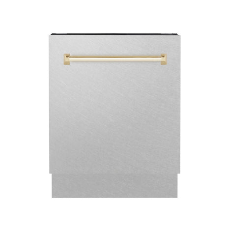 ZLINE Autograph Edition 24 in. Tallac Series 3rd Rack Top Control Built-In Tall Tub Dishwasher with Satin Stainless Steel Panel and Polished Gold Handle, 51dBa (DWVZ-SN-24-G)