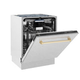 ZLINE Autograph Edition 24 in. Tallac Series 3rd Rack Top Control Built-In Tall Tub Dishwasher with Satin Stainless Steel Panel and Polished Gold Handle, 51dBa (DWVZ-SN-24-G)