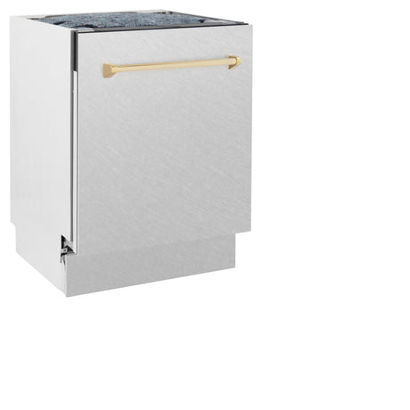 ZLINE Autograph Edition 24 in. Tallac Series 3rd Rack Top Control Built-In Tall Tub Dishwasher with Satin Stainless Steel Panel and Polished Gold Handle, 51dBa (DWVZ-SN-24-G)