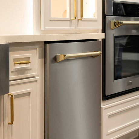 ZLINE Autograph Edition 24 in. Monument Series 3rd Rack Top Touch Control Tall Tub Dishwasher in Stainless Steel with Polished Gold Helix Handle, 45dBa (DWMTZ-30424-KG)