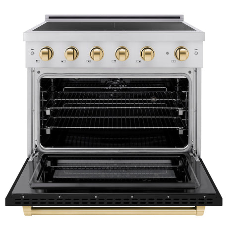 ZLINE Autograph Edition 36 in. 5.2 cu. ft. Paramount Induction Range with 5 Element Cooktop and Electric Convection Oven in Stainless Steel with Black Matte Door and Polished Gold Accents (SINRZ-BLM-36-G)