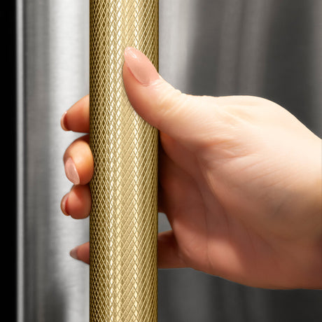 ZLINE Autograph Edition 24 in. Touchstone Dual Zone 44 Bottle Wine Cooler with Stainless Steel Glass Door and Champagne Bronze Helix Handle (RWDOZS-24-KCB)