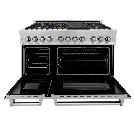 ZLINE 48 in. 6.0 cu. ft. Legacy Dual Fuel Range with Gas Cooktop and 2 Electric Ovens in Satin Stainless Steel with 6 Brass Burners and Griddle (RAS-SN-BR-GR-48)